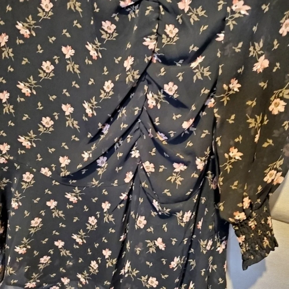 Farrow‎ Black Lined Floral Cocktail Ruching Mini Dress Small NWOT